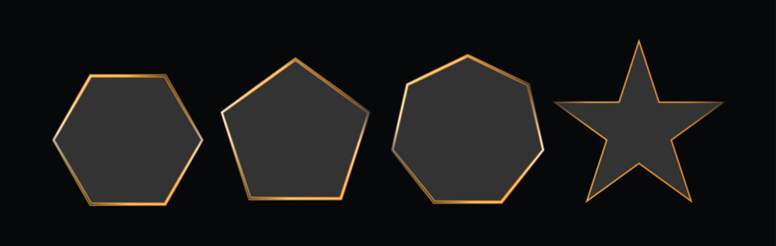 Geometric Shapes with Golden Outlines Hexagon, Pentagon, Heptagon, and Star on Black Background