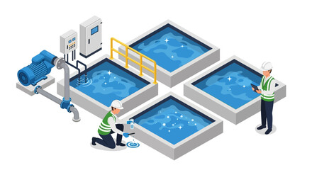 Isometric illustration of engineers working at a water purification plant with industrial tanks, pumps, and control panels.