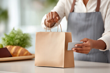 African American person in apron is preparing a takeout bag with a credit card, surrounded by fresh pastries and greenery, showcasing a vibrant food service environment