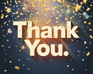 A heartfelt thank you message displayed in large bold letters surrounded by a vibrant explosion of golden and colorful confetti