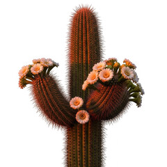 Saguaro cactus with flowers isolated on transparent background, a desert plant