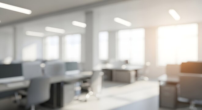 Blurred office interior workspace workplace desks chairs computers bright windows modern business design