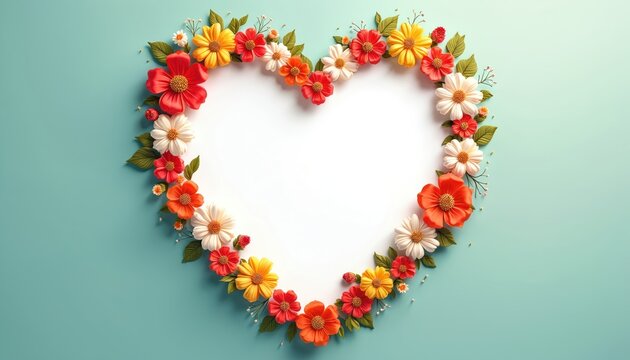 Heart shaped floral border with colorful blooms and leaves on a light blue background. Empty center space for text or images. Perfect for cards and invitations.