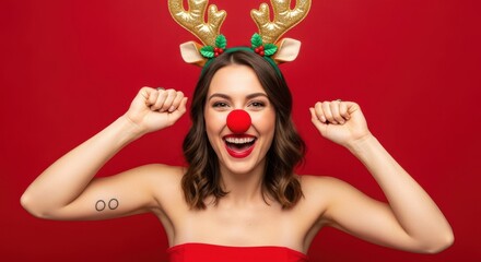 Cheerful young woman wearing reindeer antlers and red nose celebrating Christmas on red background