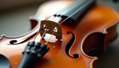 Close-up macro view of polished wood violin with strings and bridge. Detailed musical instrument art with warm color and shallow depth of field background. Classic craft object.