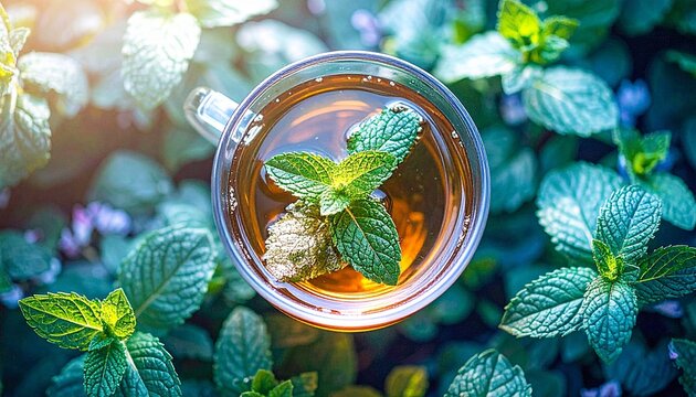 A refreshing cup of tea with fresh mint leaves in a lush garden setting. The image is taken from a top-down angle, highlighting the beverage and surrounding greenery