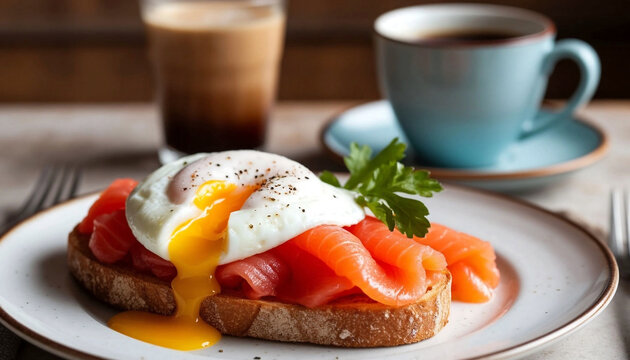 Poached egg on smoked salmon toast with runny yolk over pink salmon on crusty bread, parsley garnish, beside black coffee and iced latte on rustic wood. Warm tones for morning vibes; perfect for food 
