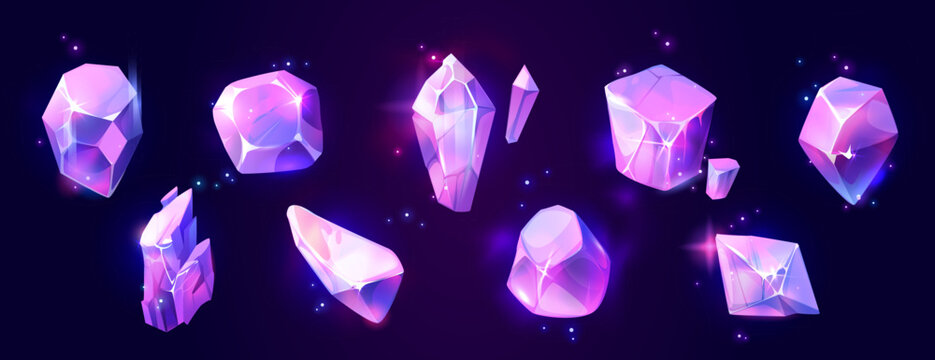 Magic crystals and gemstones set for game ui with glowing facets on dark background. Pink and purple gradient diamonds, irregular mineral stones sparkling by luminous effects. Fantasy jewel collection