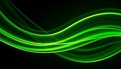 Bright green light trails curve gracefully on a black background, creating an abstract design