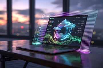Futuristic laptop displaying vibrant abstract digital art with glowing neon data streams against a blurred sunset cityscape background
