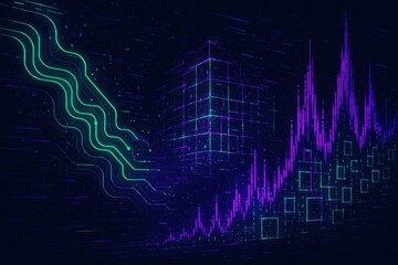 Naklejka premium Futuristic digital landscape showcasing data visualization with dynamic charts and circuit like patterns reflecting advanced technology and analytics potential