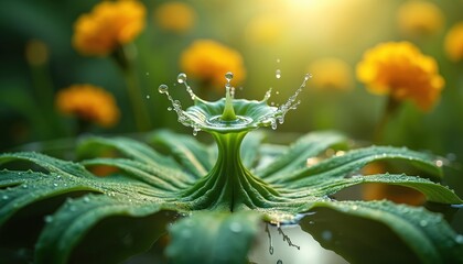 Water splash on green leaf with yellow flowers behind. Droplet hits plant surface creating crown. High speed shot captures water impacting foliage. Shot made in garden environment with blurry