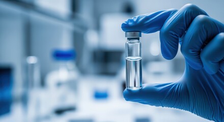 Researcher Holding Vaccine Vial with Blue Glove in Laboratory Setting with Equipment