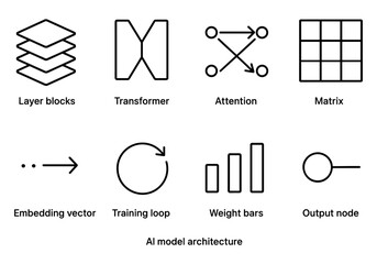 Ai model architecture: simple line art of essential components and structures