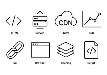 Minimalist technology icons set featuring html, server, and seo elements