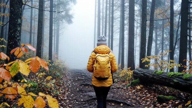 Woman hiking deep into misty autumn forest wearing bright yellow jacket.