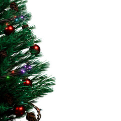 3D render of a half Christmas tree on the left side, decorated with red baubles, pine cones, and colorful string lights, isolated on a transparent background for festive frames or holiday design.