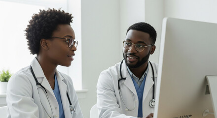 Black medical professionals collaborating at computer