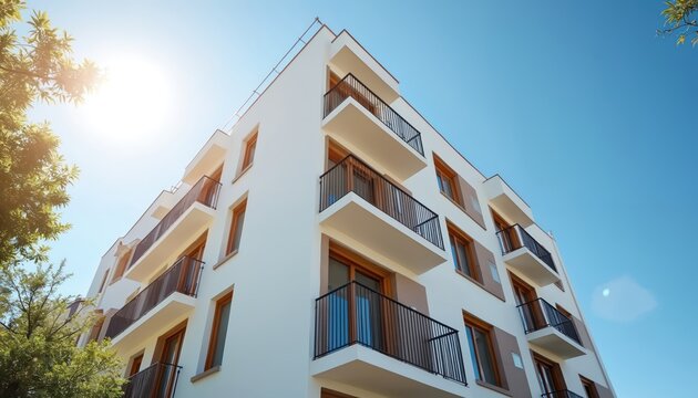 Exterior of modern apartment building with balconies. White facade home architecture against clear blue sky. Sunlight. Residential flats in city district. Urban housing. Real estate offer for rental - Powered by Adobe