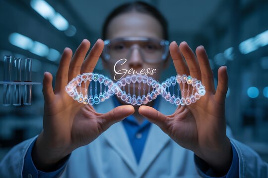 Scientist in a laboratory examines a glowing holographic representation of a dna double helix symbolizing genetic research and biotechnology advancements