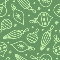 Modern christmas seamless pattern with  christmas balls and snowflakes on a green background. Vector festive hand drawn illustration
