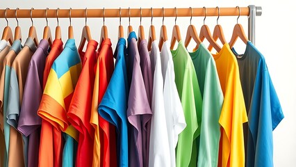 Obraz premium Rainbow-colored garments displayed on wooden hangers against a clean white backdrop.