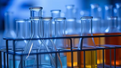Laboratory glassware precisely arranged in a metal rack, symbolizing scientific precision and order.