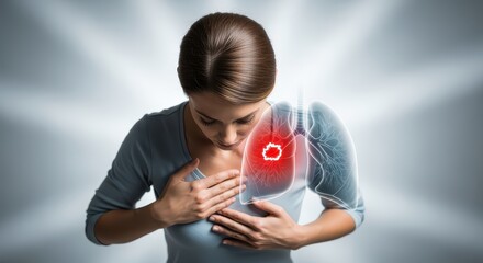 Woman Experiencing Chest Pain with Lungs Highlighted for Medical Concept Illustration