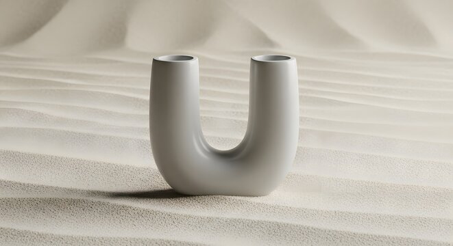 U-shaped vase presenting simplistic elegance and modern home decor featuring smooth curves set against sand dunes creating an interesting composition for visual appeal artwork