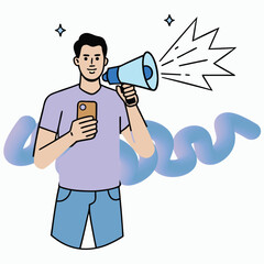 Fototapeta premium Man holding megaphone and smartphone with announcement sound waves and starbursts, digital illustration