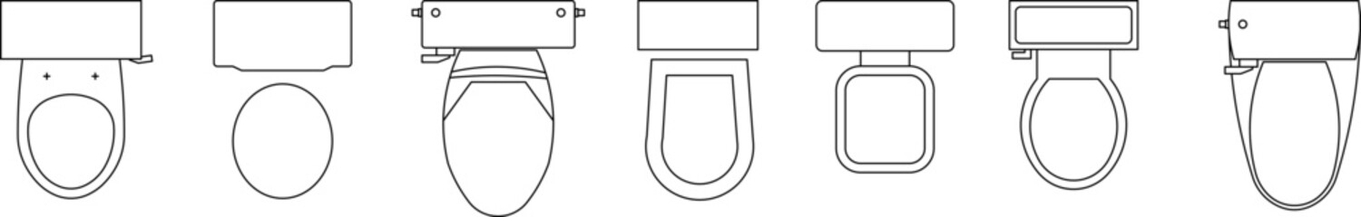 Vector line drawings of various toilet designs in plan view, showing different shapes and styles, used for detailed architectural plans.