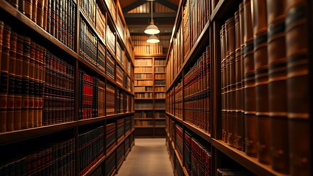 Leather-bound books on wooden shelves in a warmly lit library, evoking timeless literary charm.