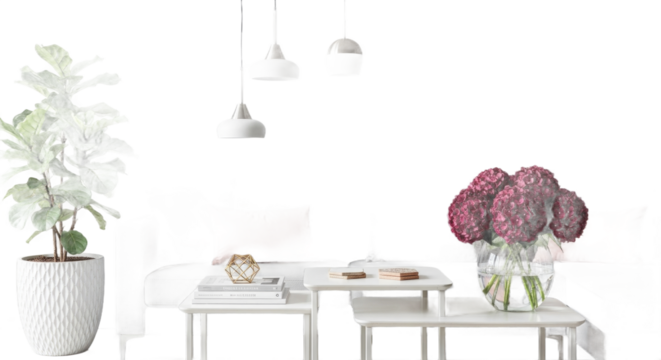 A bright and airy contemporary living room scene featuring minimalist white tables, a lush houseplant, and a vibrant floral arrangement under modern pendant lights