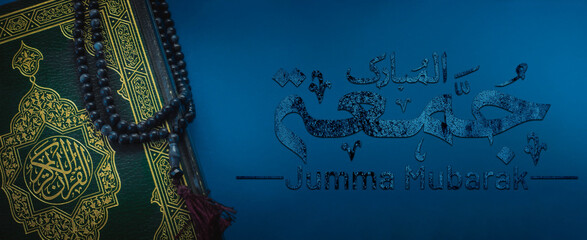 Holy Quran with Tasbih and “Jumma Mubarak” Arabic Calligraphy on Blue Background – Islamic...