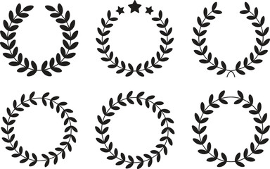 Laurel wreath icons, award branches, victory symbols, champion circle elements. Vector illustration