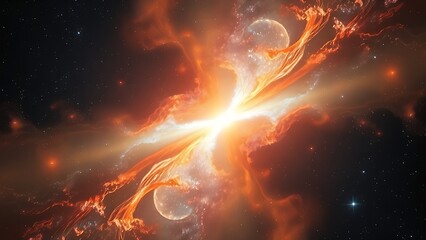 Two star cores weave jewel-toned gas ribbons in an ultra-detailed cosmic nebula close-up.