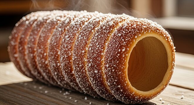 Traditional Hungarian Kurtoskalacs Sweet Pastry on Wooden Surface.