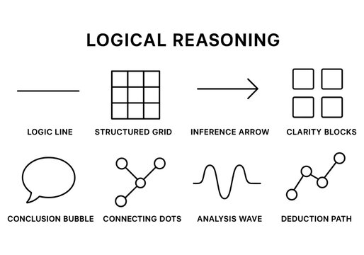 Logical reasoning diagrams featuring lines, grids, and arrows for analytical thinking