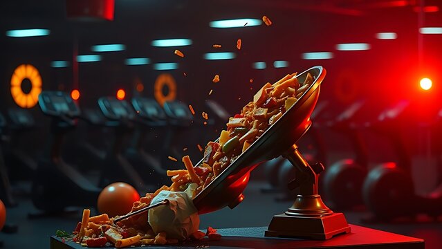 A scale tips violently as colorful junk food overwhelms exercise equipment under dramatic chiaroscuro lighting.