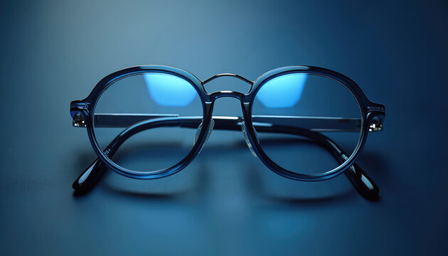 Dark blue round glasses rest on dark blue surface. Modern eyewear design features sleek frame and clear lenses. This image represents style and visual clarity for fashion or tech product promotion.