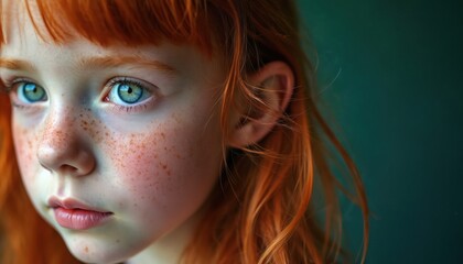 Closeup portrait of a young red-haired girl with blue eyes and freckles on her face. Girl hair is flowing. Dark green background. Female model looking at camera.