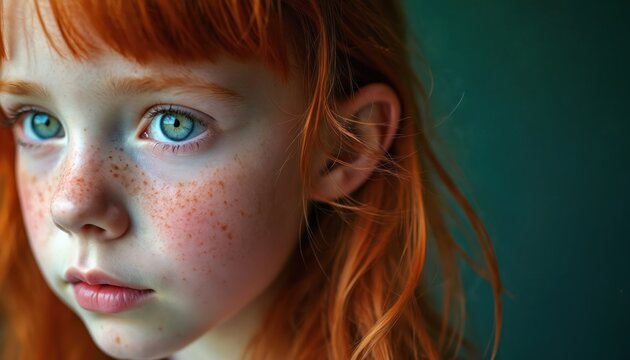 Closeup portrait of a young red-haired girl with blue eyes and freckles on her face. Girl hair is flowing. Dark green background. Female model looking at camera. - Powered by Adobe
