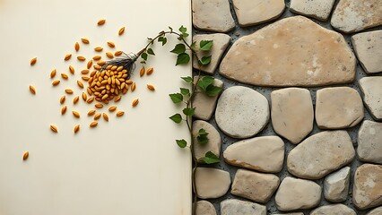A symbolic diptych of ancient seeds scattering on the wind and weathered stone traditions, connected by a slow, creeping vine.