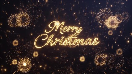 Elegant Merry Christmas typography revealed by golden fireworks and magical glowing sparks against a festive night sky