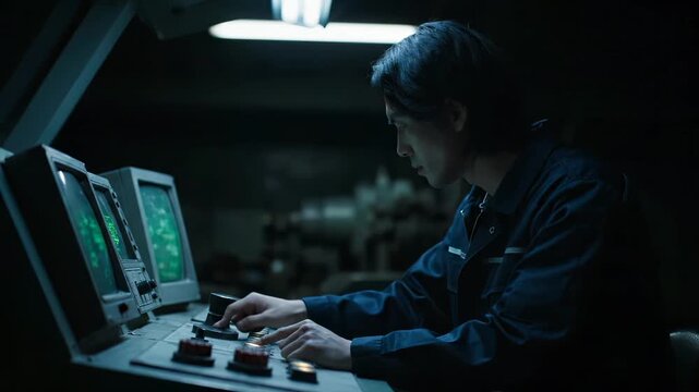 Operator monitors radar screens at console. Technician uses controlpanel and monitor to track blips. Surveillance unfolds in controlroom. Night shift focuses on security. Calm focused atmosphere.