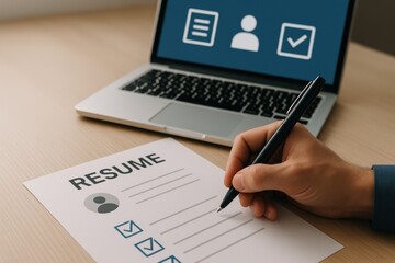 Job seeker writing a resume with checks next to qualifications, symbolizing preparedness and professionalism in the hiring process. Concept of career development and job search.