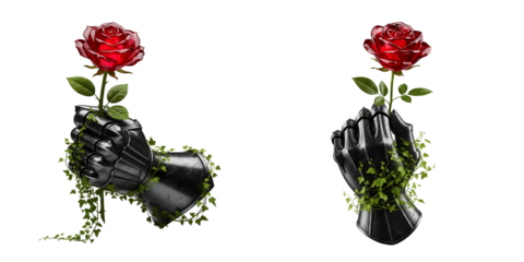 Black gauntlet holding a red rose isolated on transparent background
