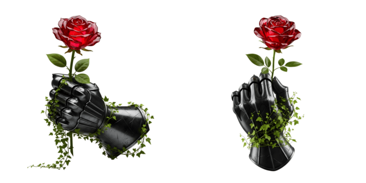Black gauntlet holding a red rose isolated on transparent background
