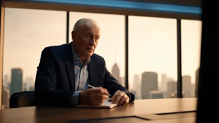 man in suit write in notebook at desk. businessman pause and look toward skyline. office monitor sits nearby. pen mark on page. note taking and planning in progress. man open notebook slowly. - Powered by Adobe