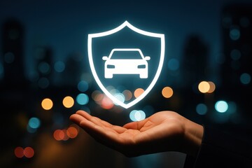 Hand holding a glowing shield symbol with a car, representing vehicle protection and insurance in a modern urban environment. Concept of safety, security, and digital transformation.